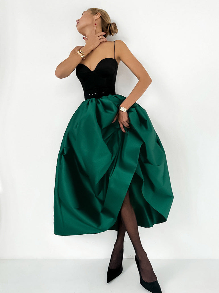2026 spring cross-border wholesale atmosphere solid color satin large swing skirt female sweet loose temperament A- line skirt