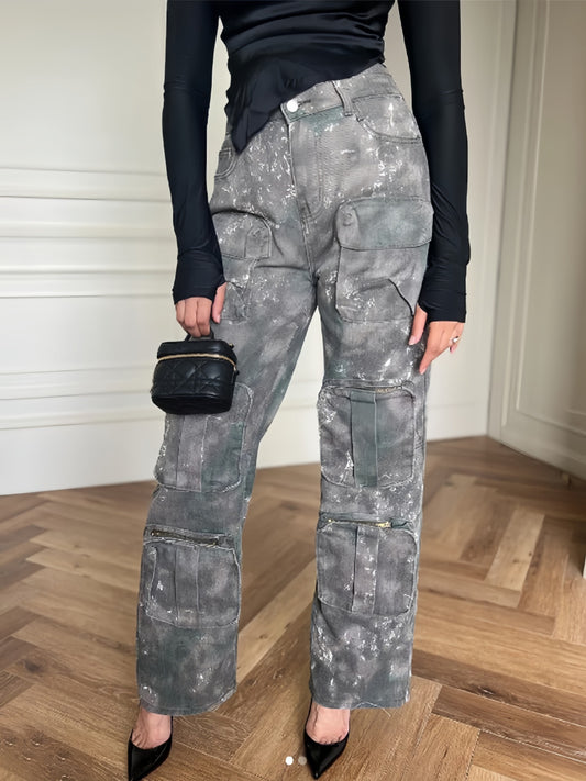 American style personality jeans 2026 spring new multi-pocket design camouflage wash low waist straight cargo pants women