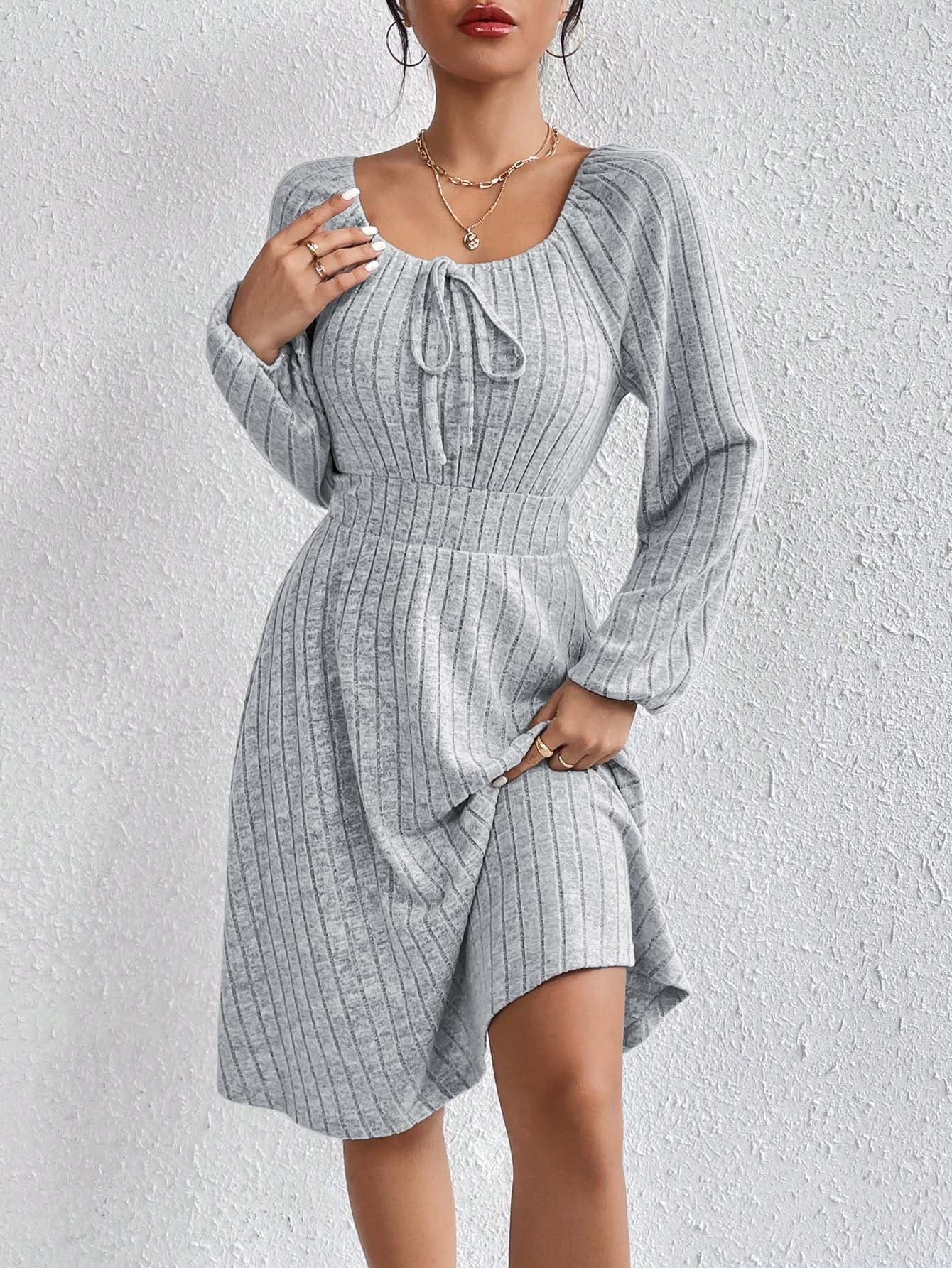 2026 autumn and winter Amazon cross-border women's clothing European and American square-neck cinched large skirt hot sale sunken stripe long sleeve dress