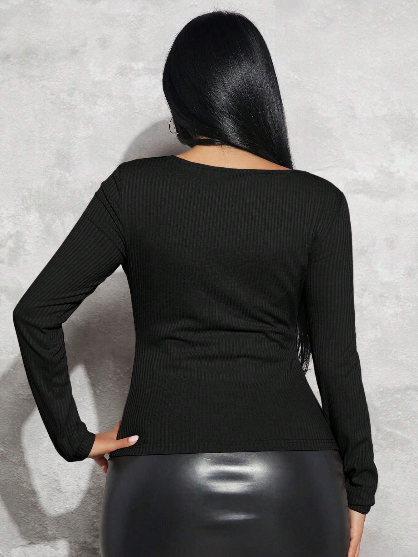 2026 Amazon cross-border large size women's clothing simple square neck T-shirt autumn and winter European and American slim fit slimming bottoming top