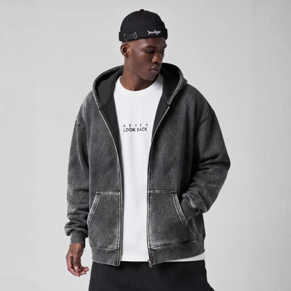 2026 autumn and winter fleece-lined thickened hooded cardigan sweater men's loose all-match retro couple original design top