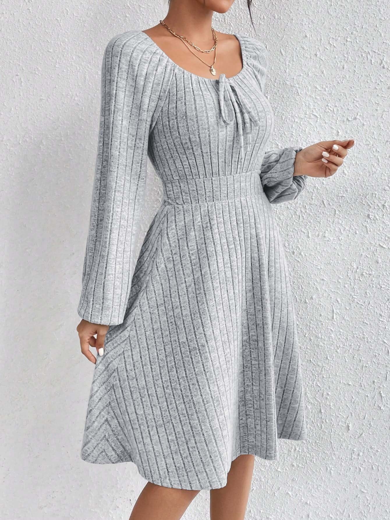 2026 autumn and winter Amazon cross-border women's clothing European and American square-neck cinched large skirt hot sale sunken stripe long sleeve dress