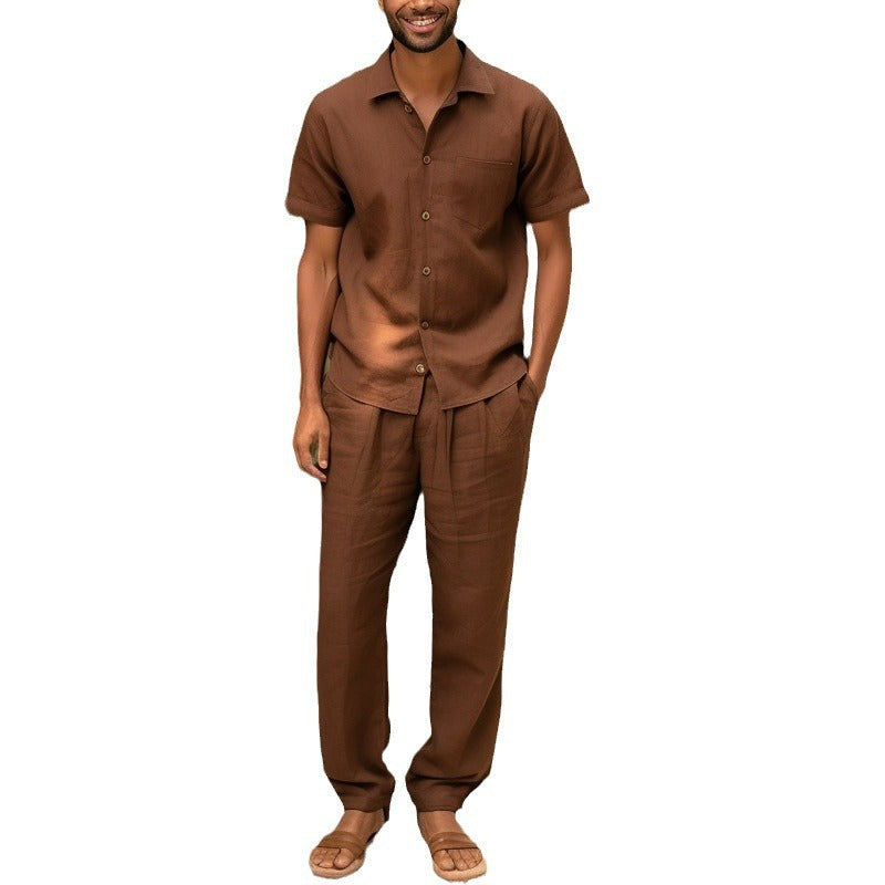2026 cross-border European and American style men's clothing linen summer lapels short-sleeved solid color shirt and trousers two-piece casual suit