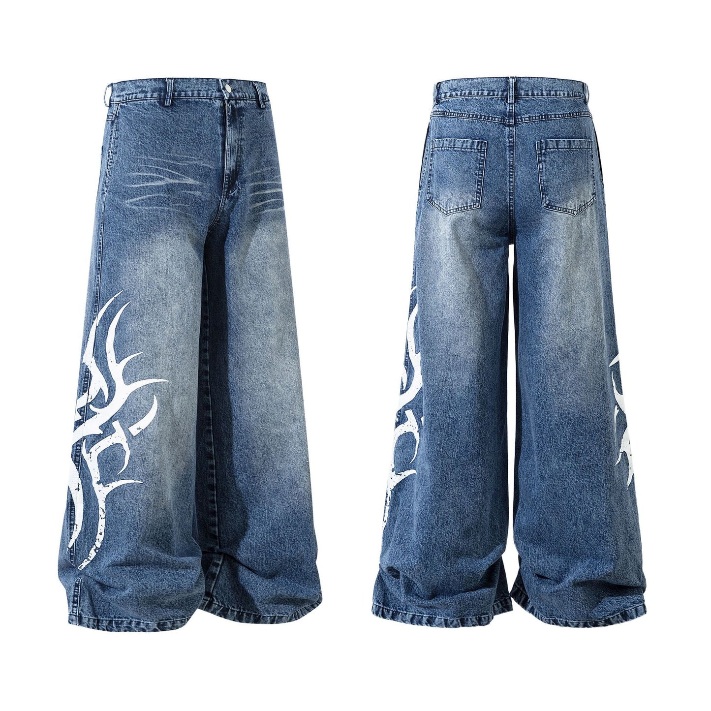 Jiayiku men's clothing 2026 new American high street tide Thorn printed washed jeans loose vibe wide-leg pants