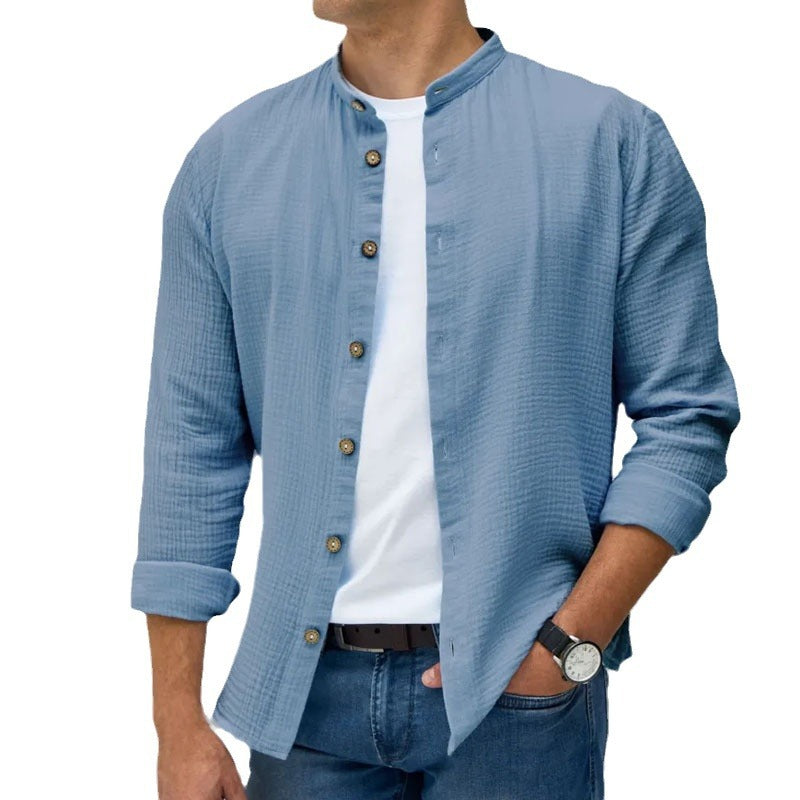 European and American 2026 Spring stand collar button long sleeve men's cross-border hot sale fashion casual all-matching tops texture