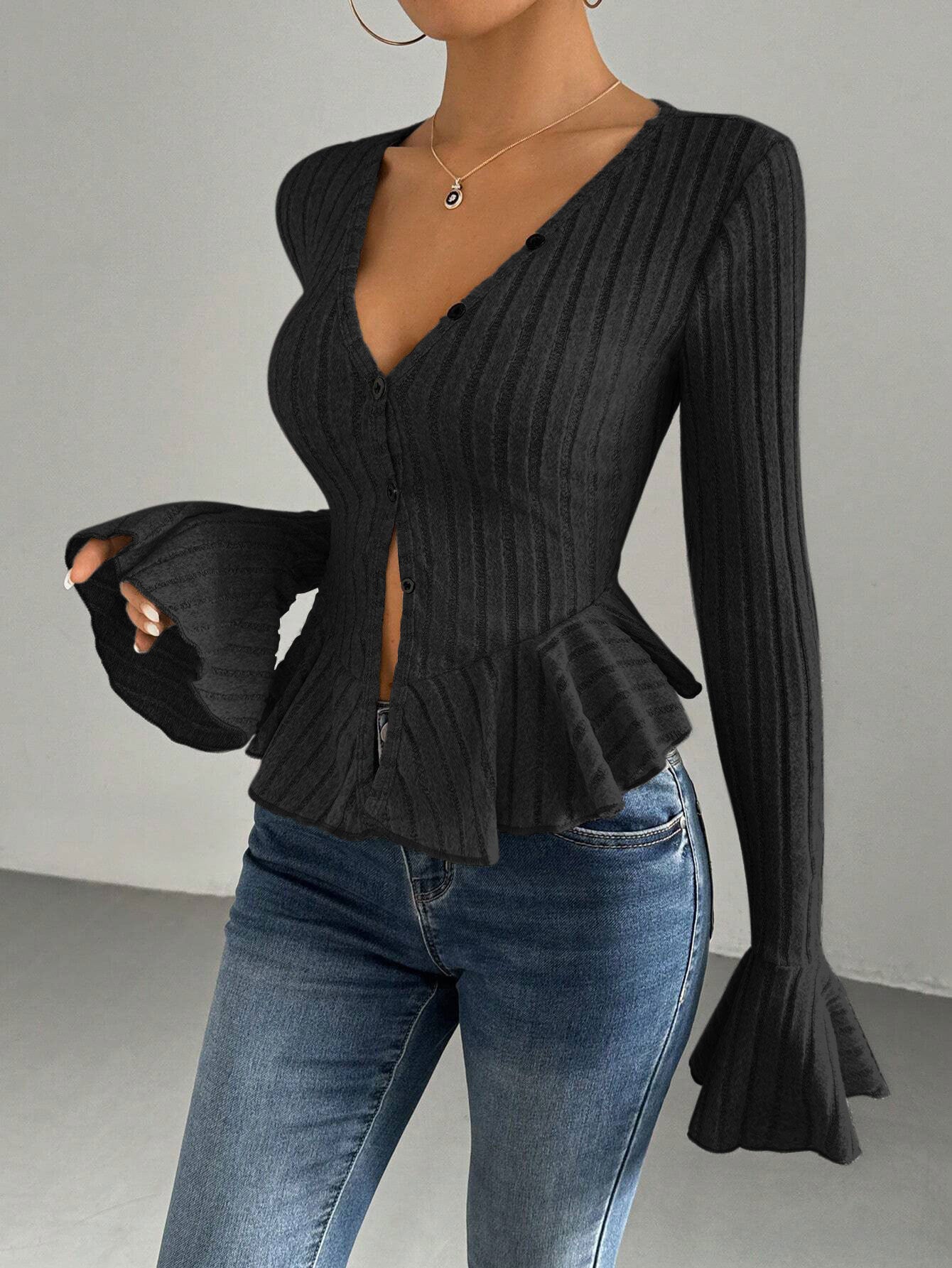 Cross-border women's clothing European and American elegant style T-shirt 2026 autumn and winter New v-neck ruffled slim temperament fleece top