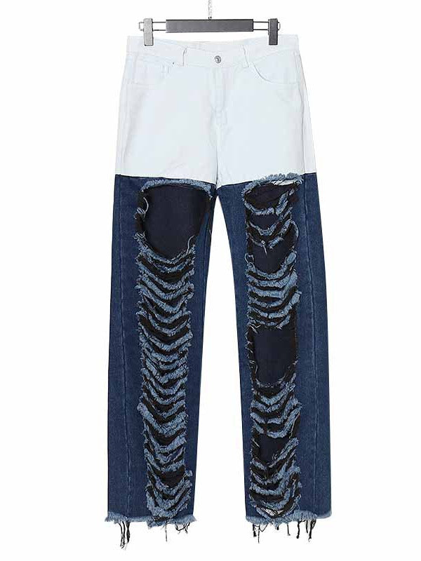 Retro contrast color street fashion style 2026 spring and summer new versatile personality ripped hollow-out straight jeans for women