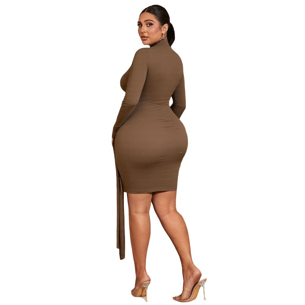 Europe and America cross border Tk2026 popular hot girl fashion slim solid color long sleeve high waist hip-looking dress