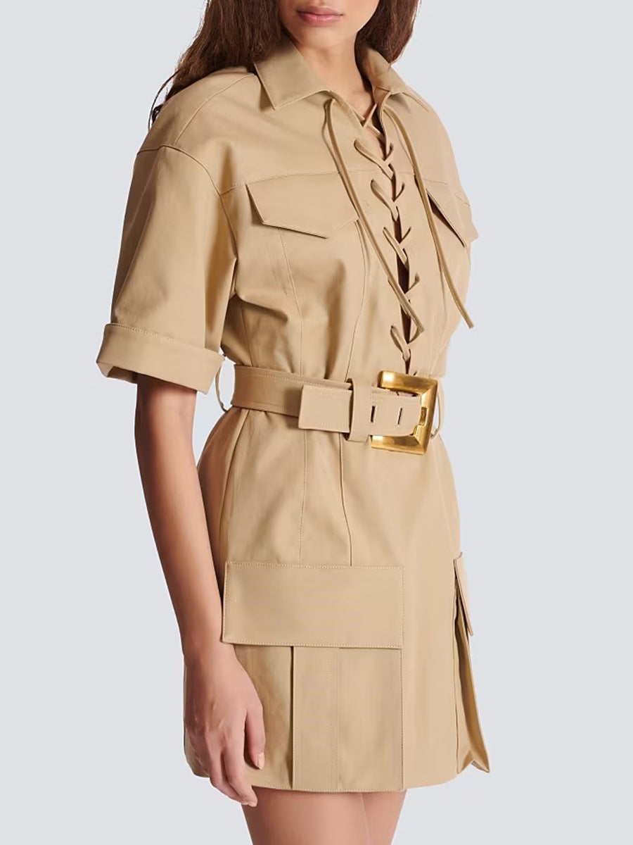 Leisure Cargo style shirt dress 2026 spring new chest strap matching metallic belt solid color short dress