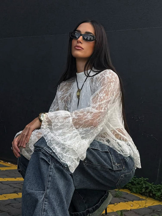 2026 spring Europe and America cross border new sheer cutout gentle bell sleeve white lace shirt women's high-grade