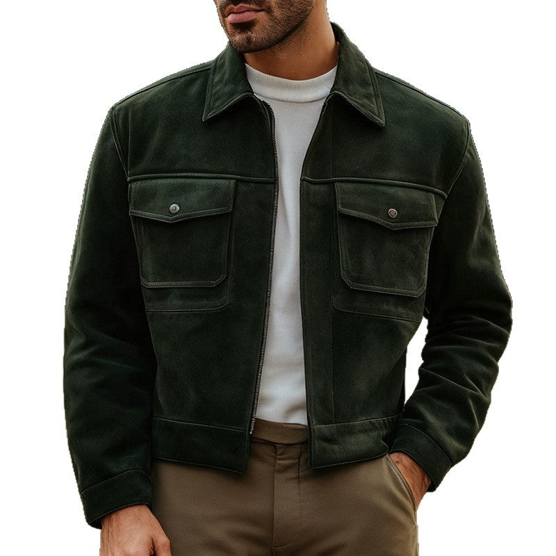Cross-border European and American 2026 autumn and winter new men's casual fashion short jacket polo collar solid color men's jacket