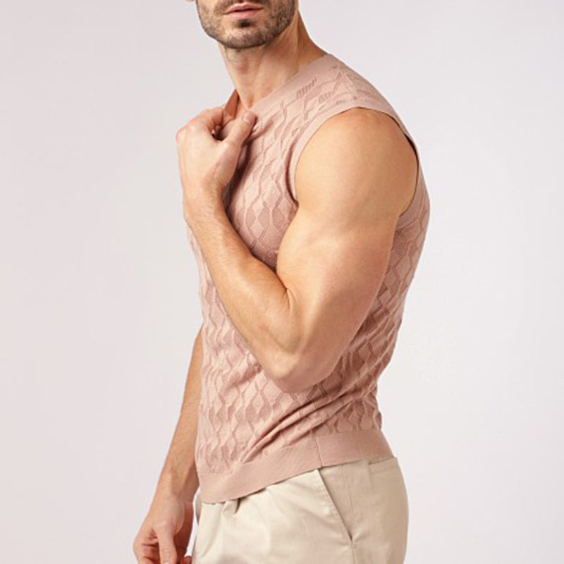 2026 spring and summer New Europe and America cross border Men's knitted round neck sleeveless jacquard vest Amazon hot sale vest