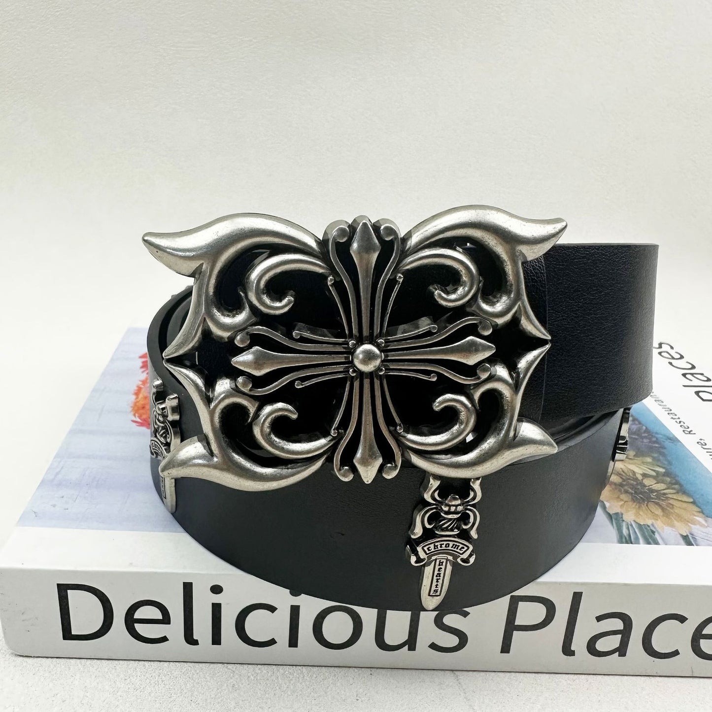 Sword cross belt croch classic Vine star style men's rivet embossed pant belt vintage belt women