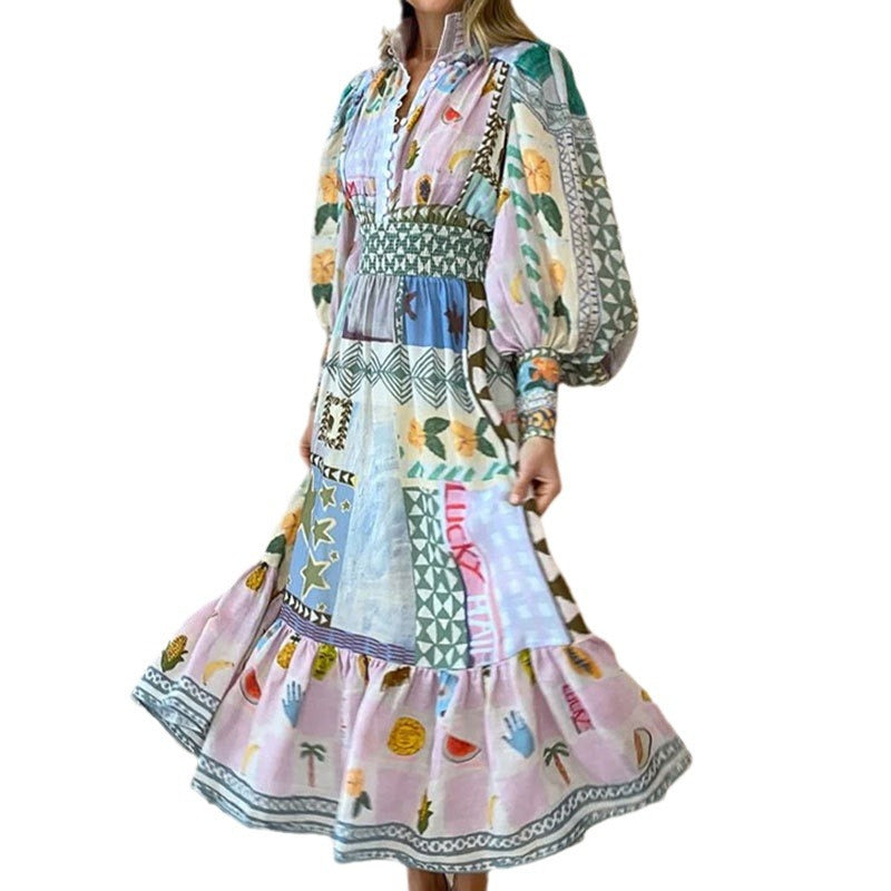 2026 spring European and American Foreign Trade women's clothing temperament commute painted print lantern long sleeve waist-tight large swing dress