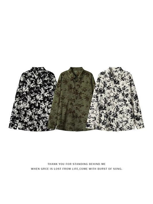 2026 spring Hong Kong style new men's Pu Shuai ice silk printed long-sleeved shirt large size fashion casual beach shirt