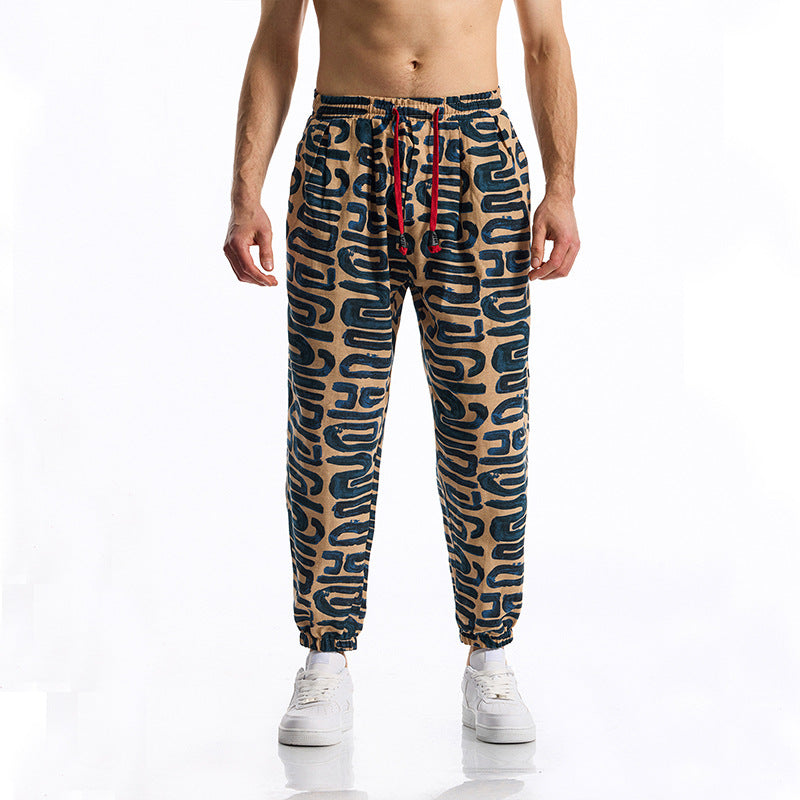 2026 cross-border Amazon new men's loose cotton and linen floral print casual jumpsuit plus size fashion exercise ankle-tied trousers