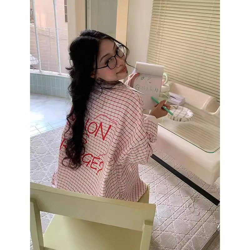 Spring and Autumn new love plaid shirt Women's loose sun protection cardigan design sense niche casual all-matching bandage dress shirt
