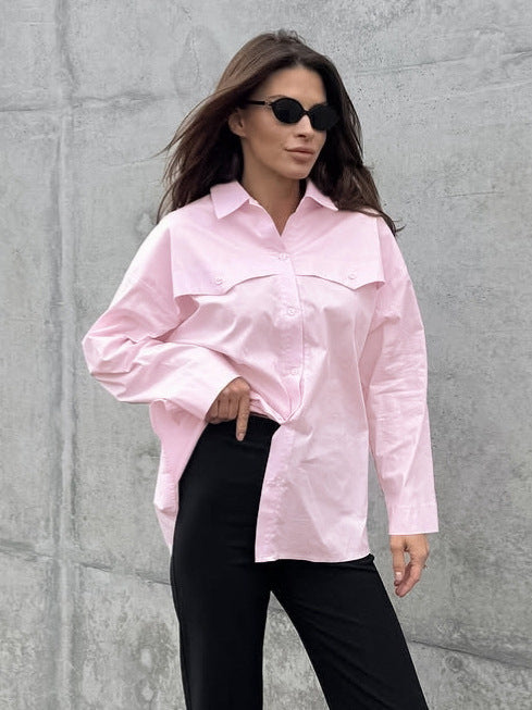 2026 European and American style cross-border new arrival cotton back slit long sleeve lapel shirt Women's temperament commute all-matching top