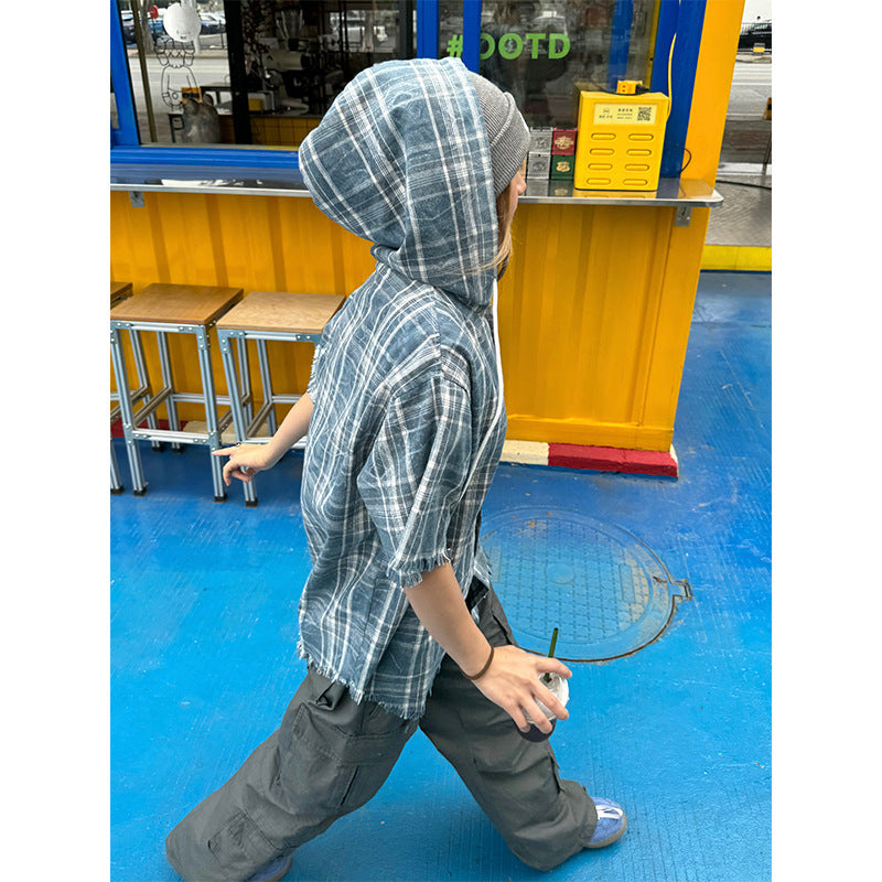 American style retro plaid hooded short-sleeved shirt women's summer New loose Street niche frayed edge coat top fashion