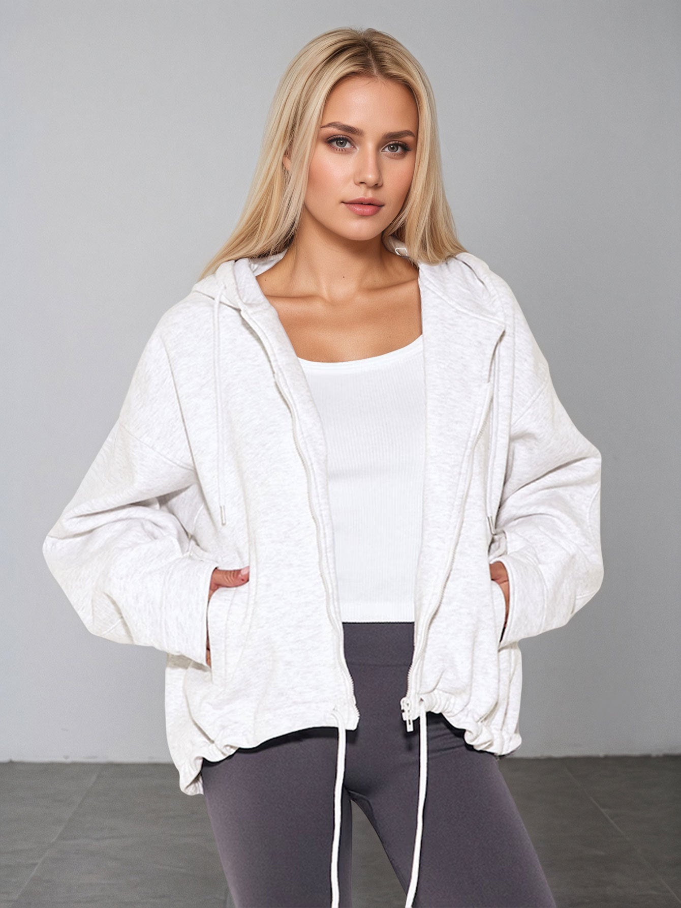 2026 cross-border new arrival European and American style women casual sports hooded zipper knitted women's casual solid color hoodie coat