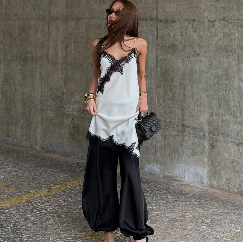 2026 spring cross-border new arrival pure desire style contrast color lace stitching irregular skirt beauty back sling dress for women
