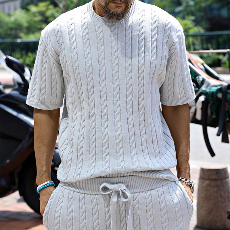 Cross-border European and American 2026 spring and summer new men's round neck knitted short-sleeved shirt loose shorts men's suit