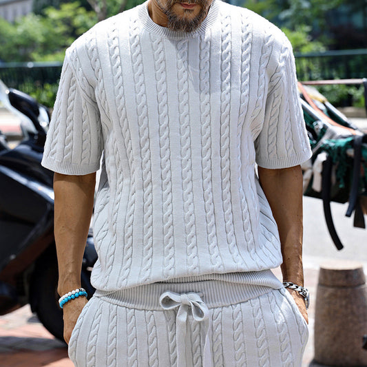 Cross-border European and American 2026 spring and summer new men's round neck knitted short-sleeved shirt loose shorts men's suit