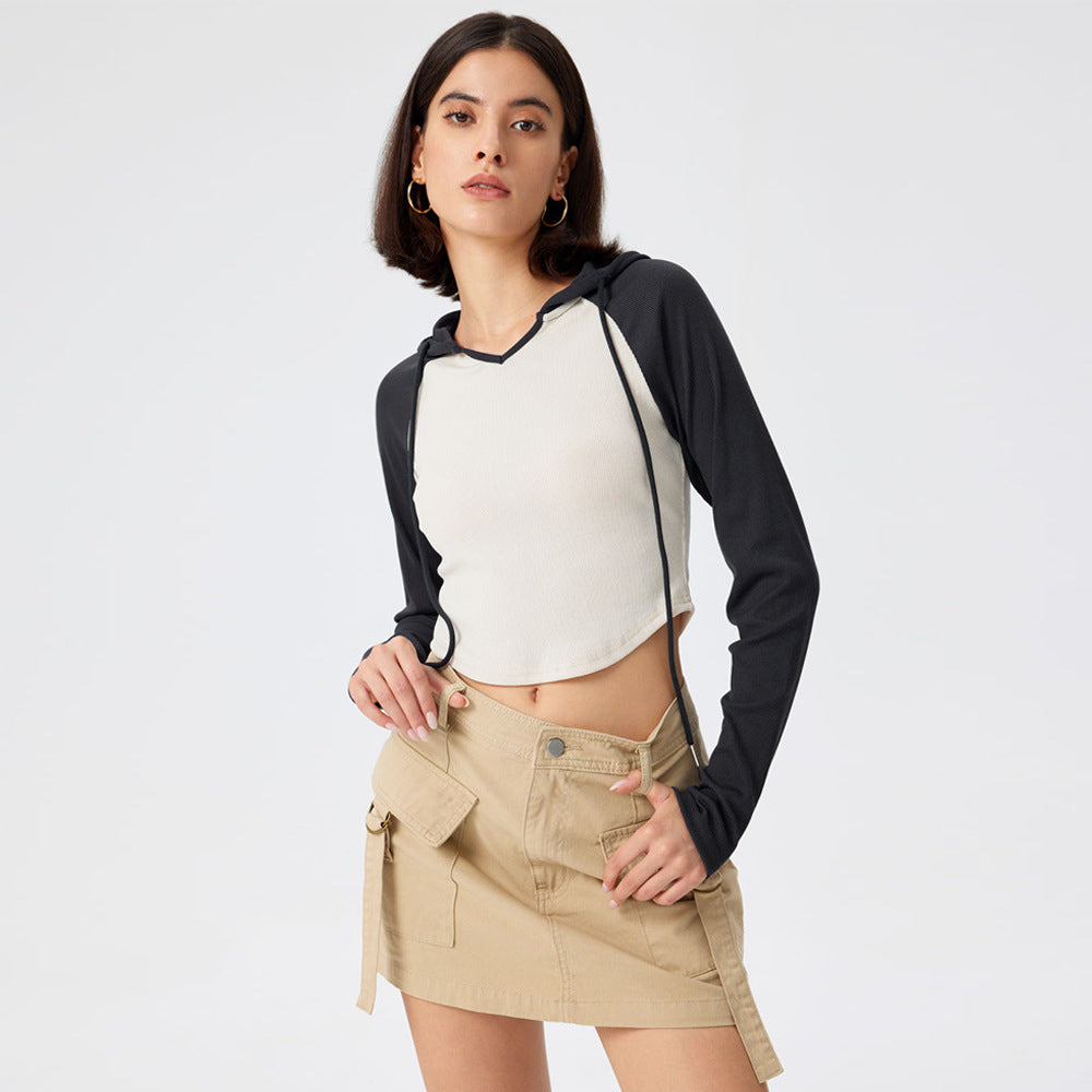 2026 autumn and winter new cross-border European and American women's clothing hooded stitching contrast color irregular slim fit long-sleeved T-shirt top