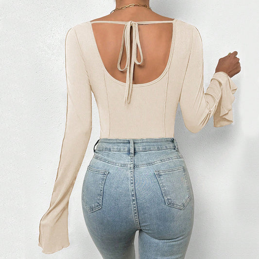 Cross-border European and American women's clothing 2026 autumn winter Sexy Slim fit square collar bell sleeve backless inner wear base T-shirt one-piece
