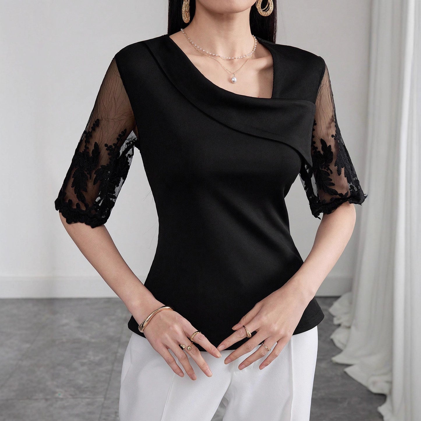 2026 new cross-border European and American ladies fashion elegant asymmetric neckline mesh patchwork short sleeve fashion T-shirt