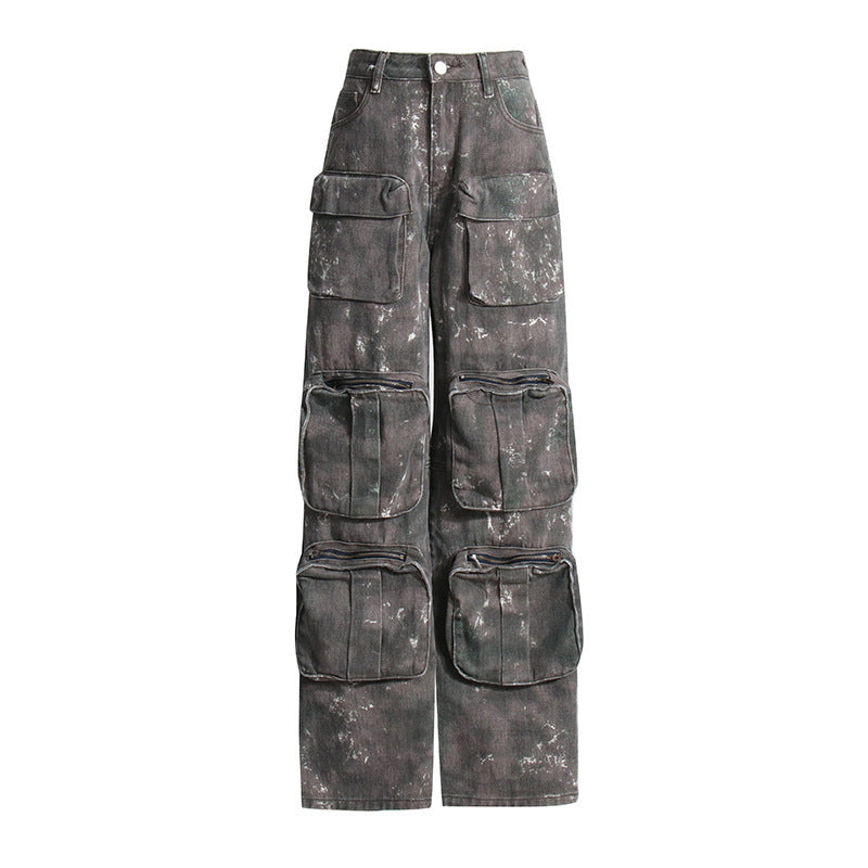 American style personality jeans 2026 spring new multi-pocket design camouflage wash low waist straight cargo pants women