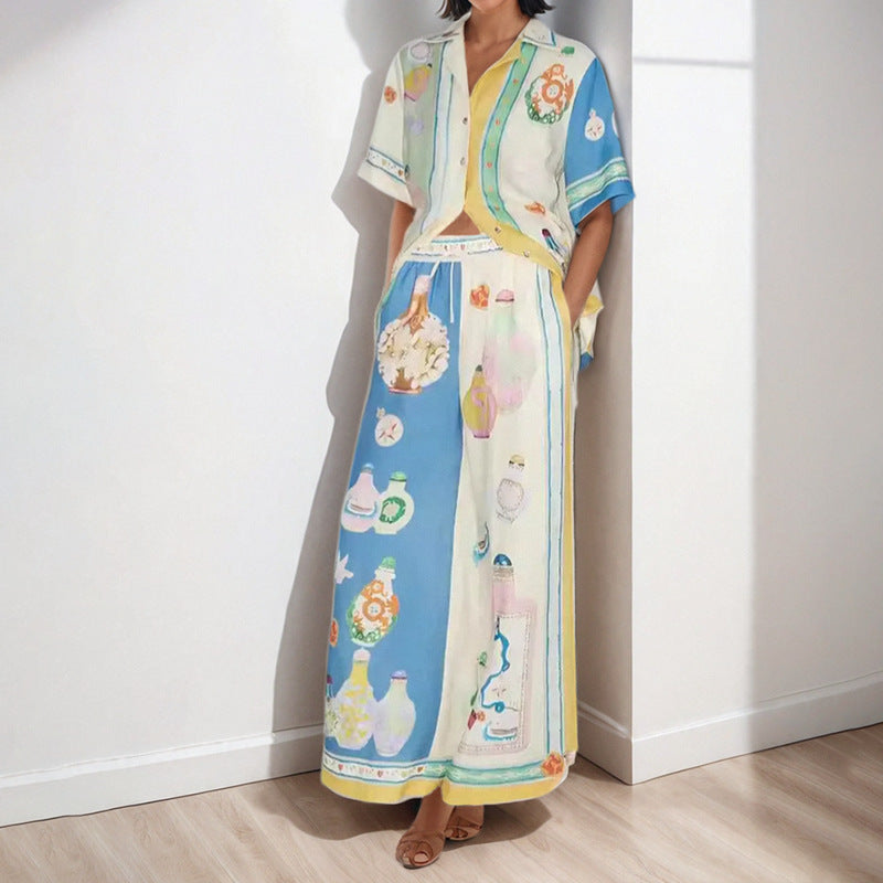 2026 spring new cross-border European and American commuters' casual all-matching printed lapel patchwork wide-leg pants fashion suit women