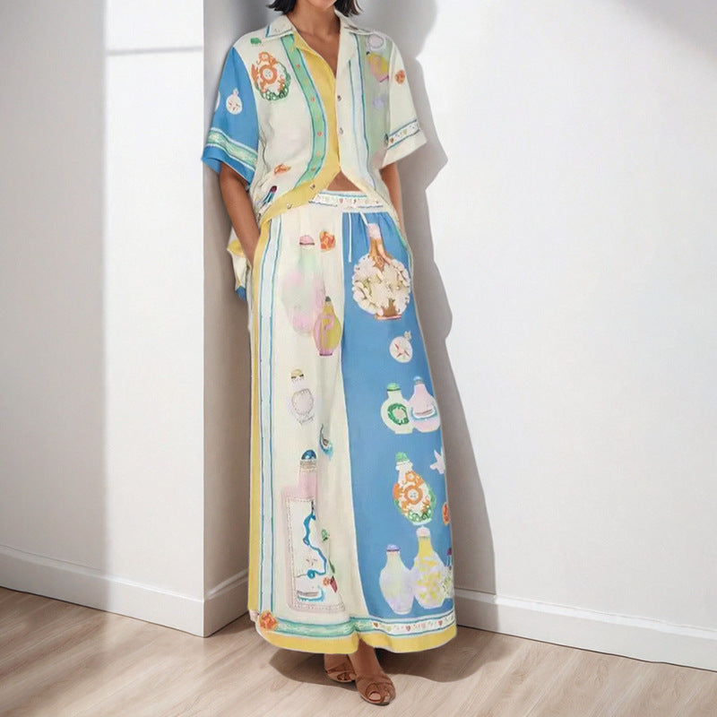 2026 spring new cross-border European and American commuters' casual all-matching printed lapel patchwork wide-leg pants fashion suit women