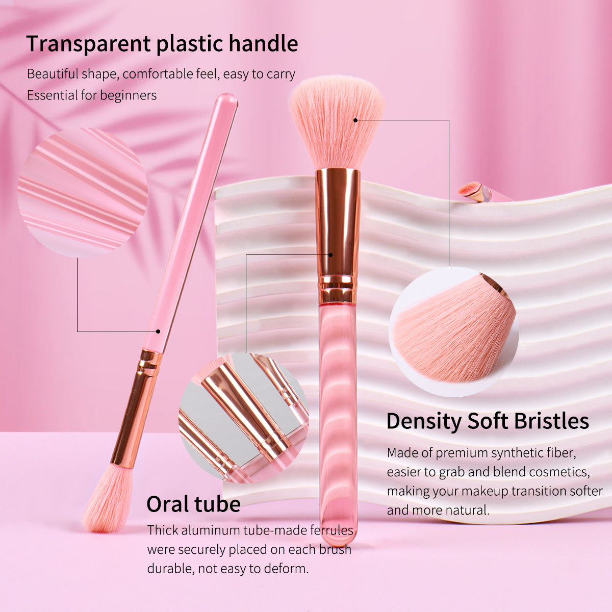 Z'oreya cross-border new portable pink transparent handle beauty tools 5 PCs eyeshadow brush brush suit wholesale