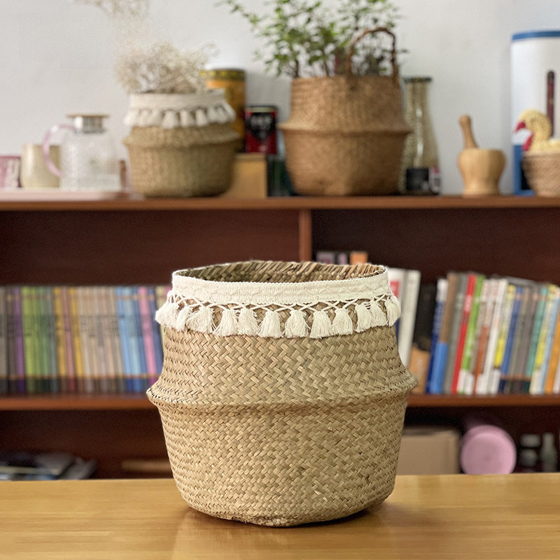 Cross-border new arrival tassel decoration Nordic style woven sea grass basket creative home sundries storage + straw baskets