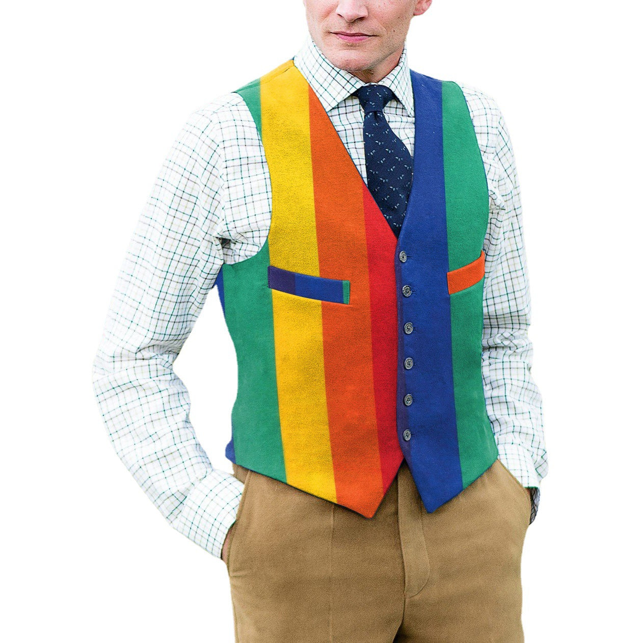 2026 European and American new men's wear slant-cut bottom casual geometric color Four Seasons slim single-breasted men's waistcoat