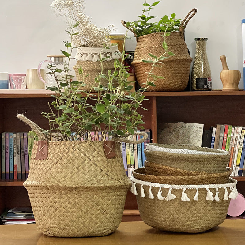 Cross-border new arrival tassel decoration Nordic style woven sea grass basket creative home sundries storage + straw baskets