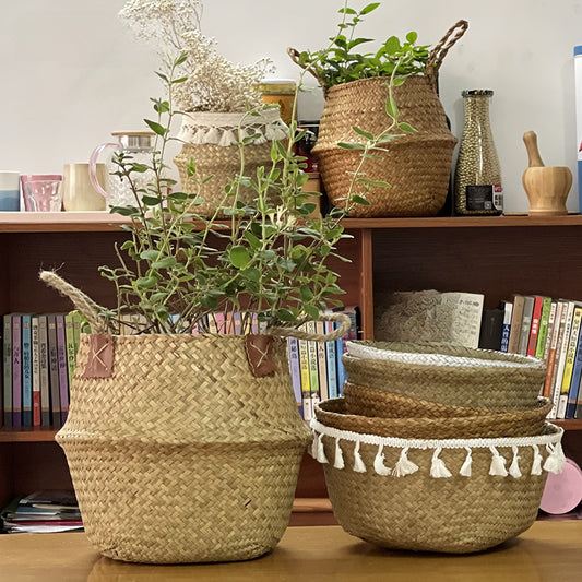 Cross-border new arrival tassel decoration Nordic style woven sea grass basket creative home sundries storage + straw baskets