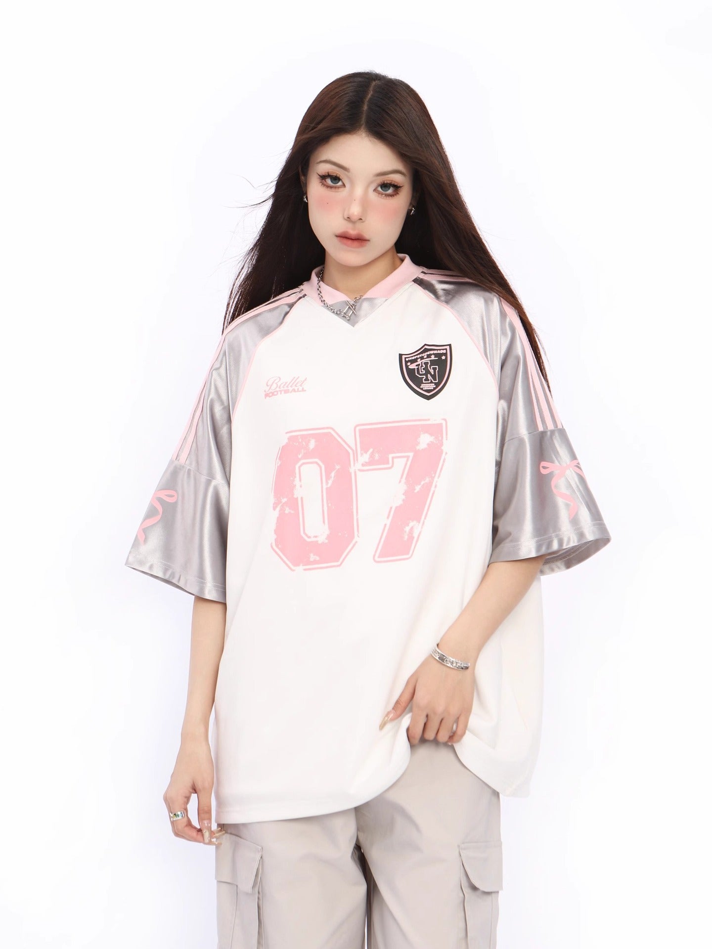 Niche blokette Raglan patchwork short-sleeved T-shirt women's 2025 summer new American v-neck sports jersey top