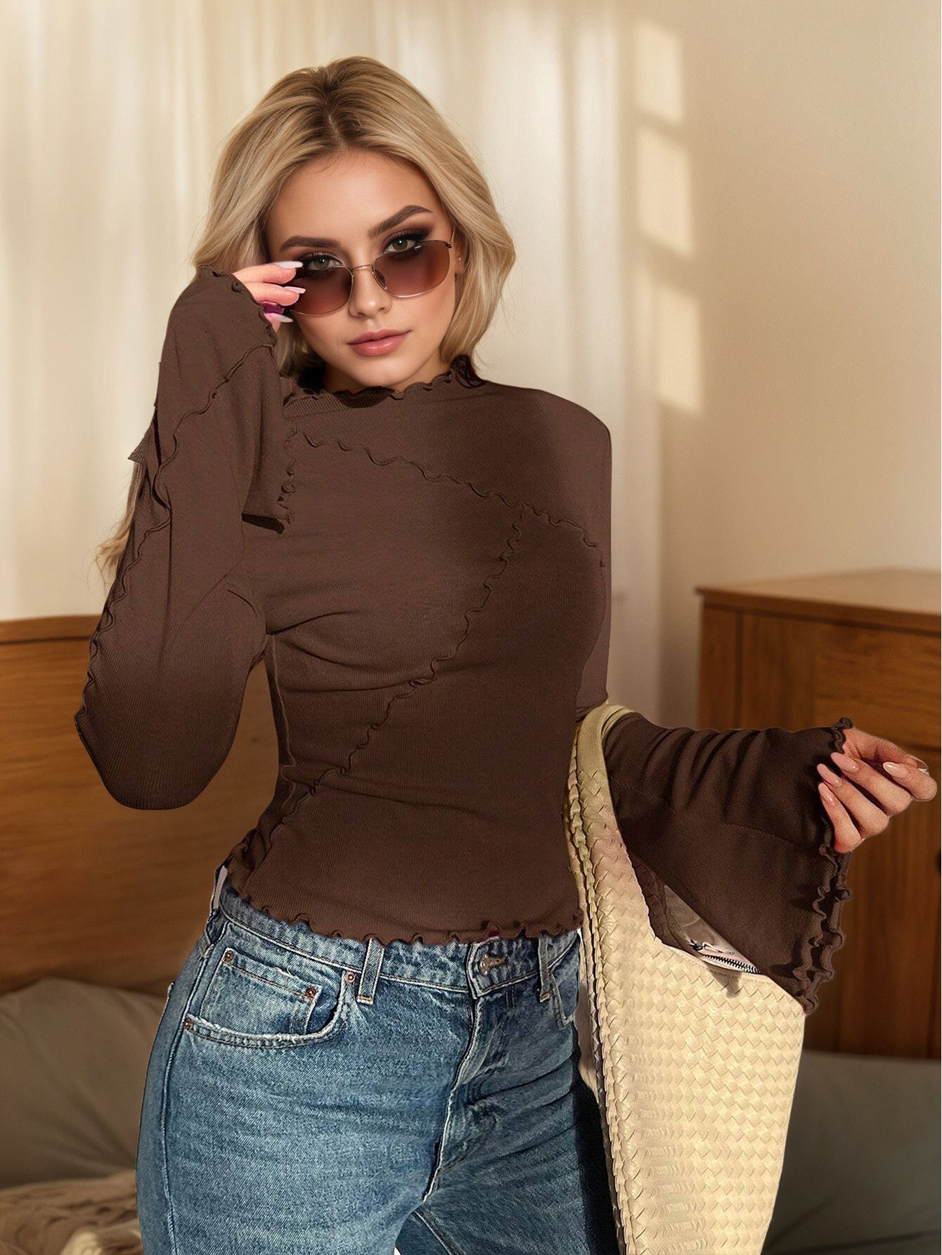 2026europe and America cross border hot new Sexy Slim fit small turtleneck fungus long sleeve bell sleeve sexy top