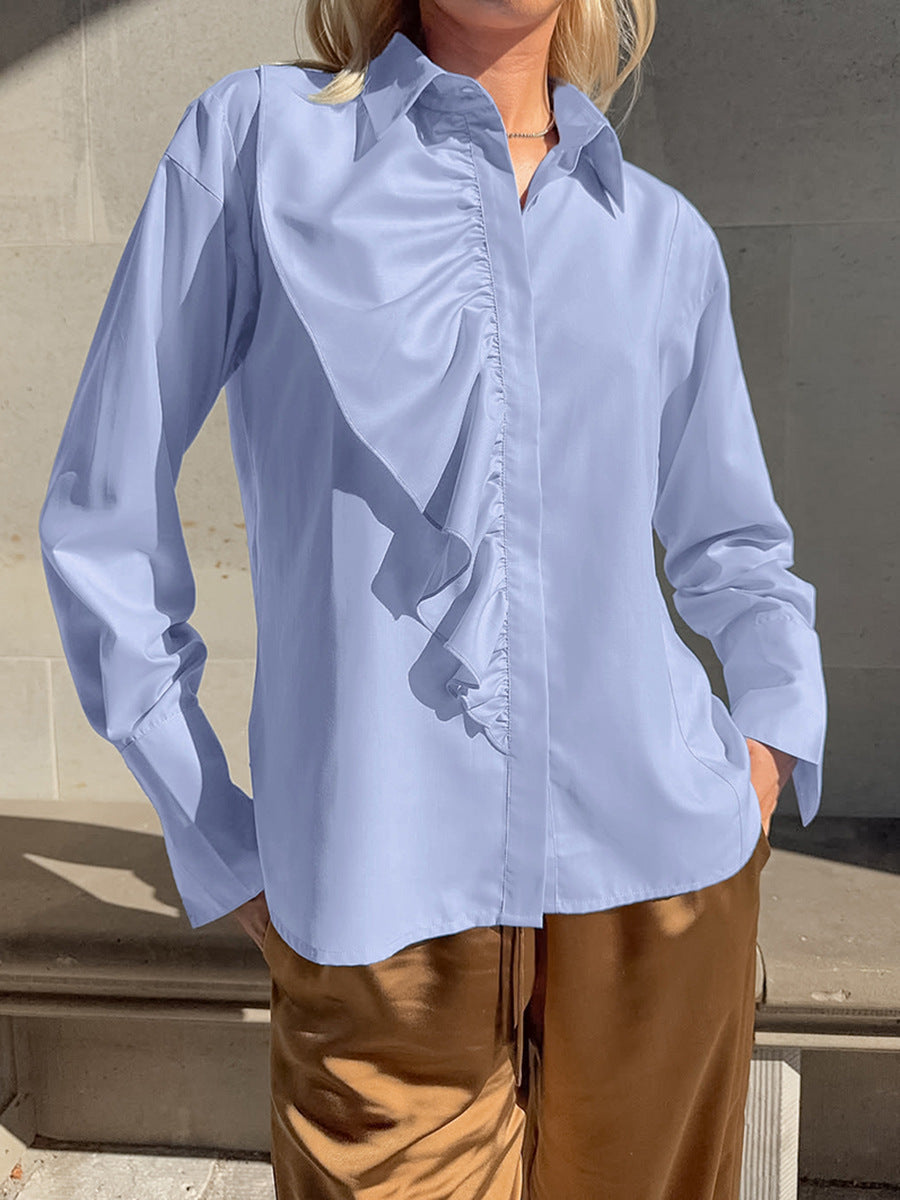 Commuter workplace blue ruffle blouse women's 2026 spring fashion workplace inner lapel women's shirt wholesale