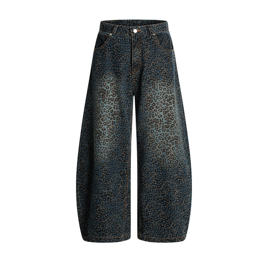 Jiayiku fashion brand 2026 new European and American high street vibe leopard print Ruan Shuai machete jeans men's RO fashion wide-leg pants