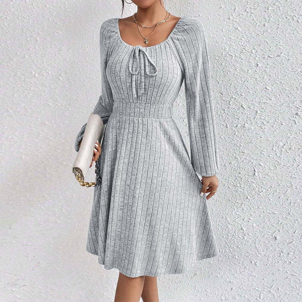 2026 autumn and winter Amazon cross-border women's clothing European and American square-neck cinched large skirt hot sale sunken stripe long sleeve dress