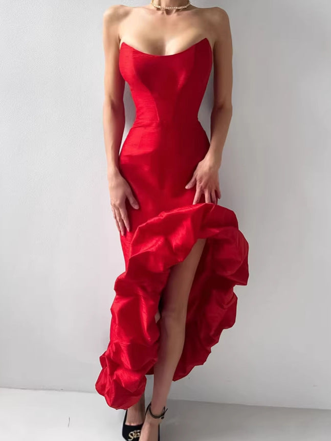 French satin strap dress for women 2026 spring high-grade asymmetric tulle tutu dress mid-length women's clothing