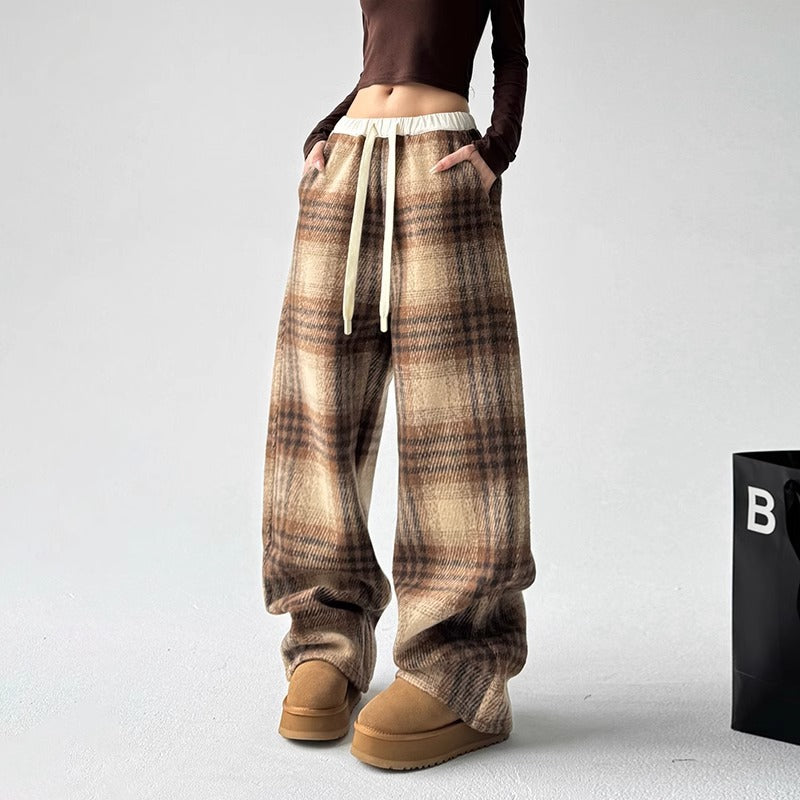 Fleece-lined thick wool plaid pants women's autumn and winter New straight casual high waist loose and idle mop pants