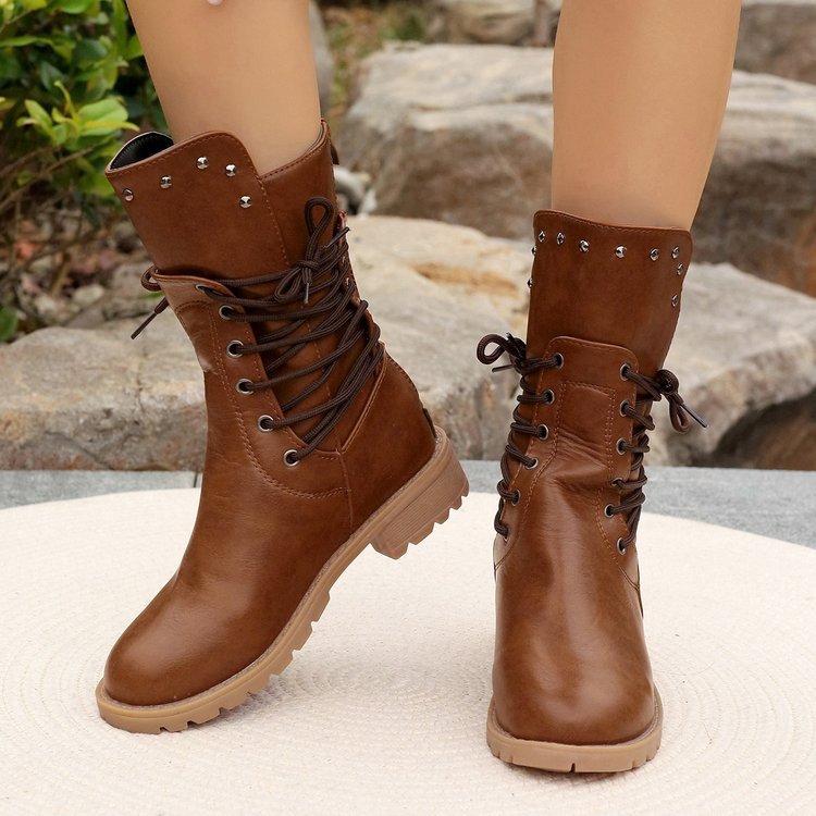 Cross-border large size boots women's autumn and winter new motorcycle boots European and American style lace-up retro style rivet Knight boots women