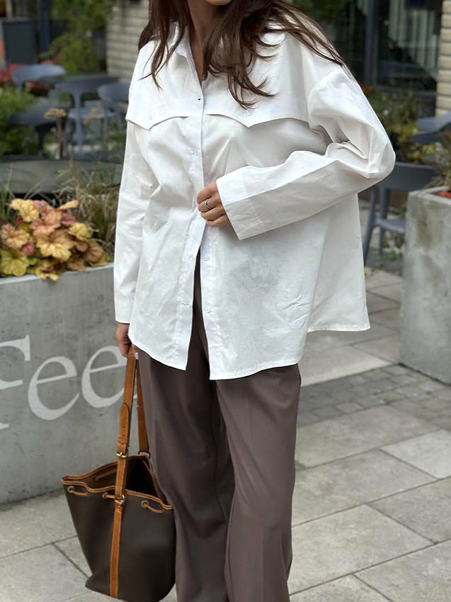 2026 European and American style cross-border new arrival cotton back slit long sleeve lapel shirt Women's temperament commute all-matching top