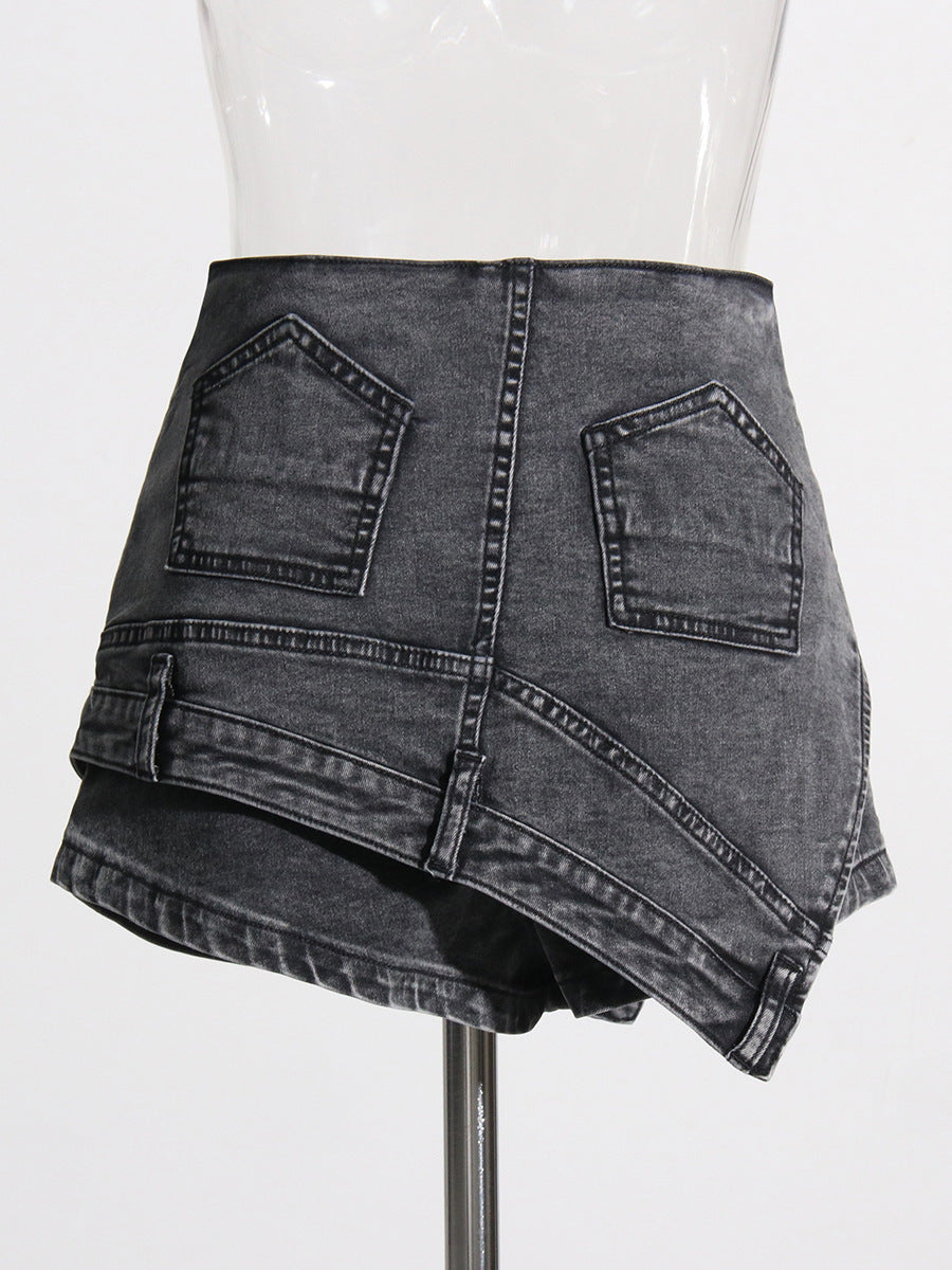 Fashion Street hot girl denim skirted leggings 2026 New irregular waist head reversal high waist wash fake two-piece shorts