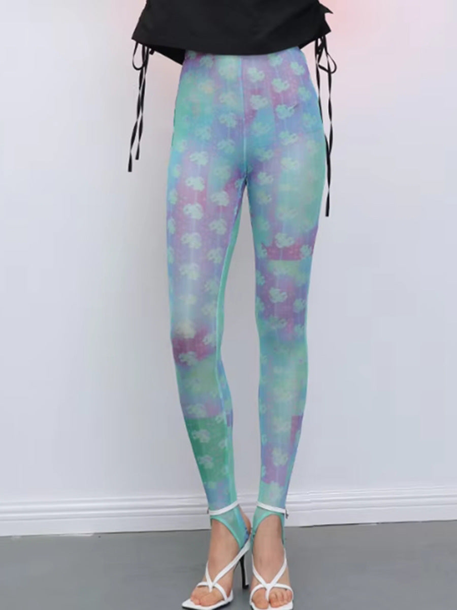 European and American personalized trendy tight pants 2026 spring new abstract pattern elastic mesh stirrup leggings women
