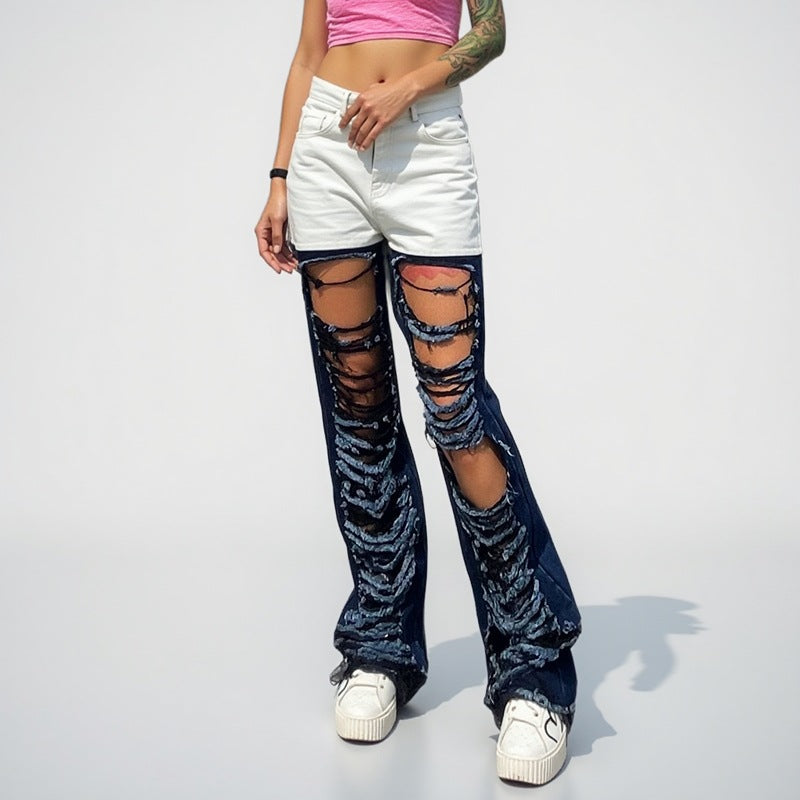 Retro contrast color street fashion style 2026 spring and summer new versatile personality ripped hollow-out straight jeans for women